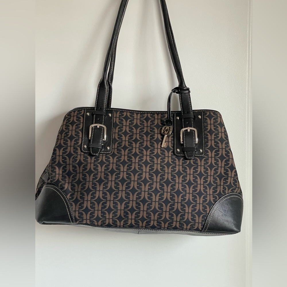 Fossil Signature Jacquard Black Brown Leather Trim Shoulder Bag